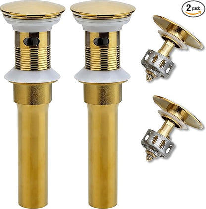 Bathroom Sink Drain, 2 Pack Gold Drain Stopper Bathroom Sink with Overflow, Pop Up Drain Assembly with Detachable Strainer Basket, Built-in Anti-Clogging Strainer,Stainless Steel