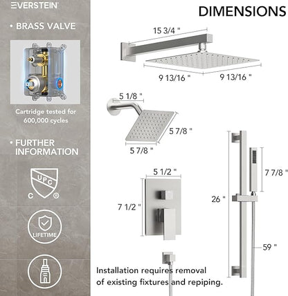 10" High-Pressure Rainfall Shower Faucet with Handheld Spray, Wall Mount Dual Shower Head System with Slide Bar (Brushed Nickel)