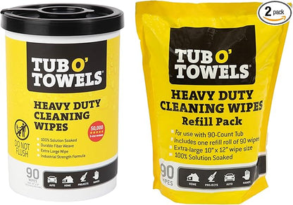 Tub O' Towels Heavy Duty, 10" x 12", Multi-Surface Cleaning Wipes, 90-Count Canister & Refill Pack, White