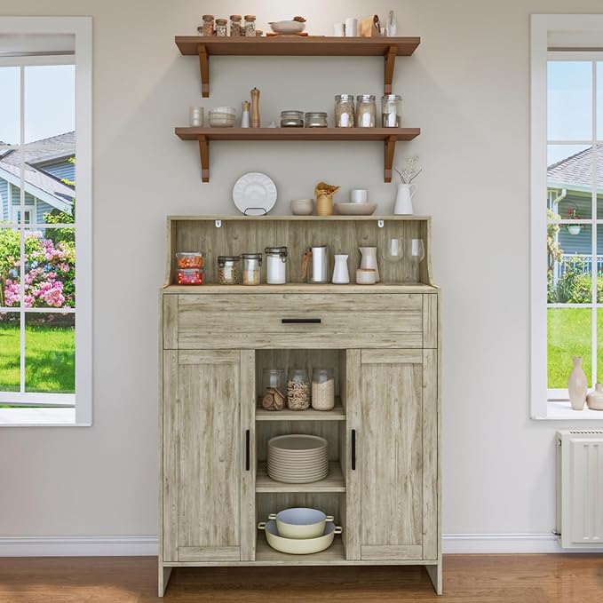 Storage Cabinet with Doors and Drawers, Kitchen Storage Cabinet with 1 Large Drawer,2 Doors,and 2 Adjustable Shelves,for Bathroom/Kitchen/Living Room/Entrance Hall (Grey)