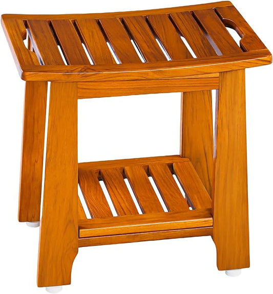 24" Large Teak Shower Bench with Shelf & Handle - Waterproof Spa Stool, Non-Slip Leveling Feet & 300 lbs Capacity - for Showers, Saunas/Steam Rooms & Outdoor Pools (Patented)