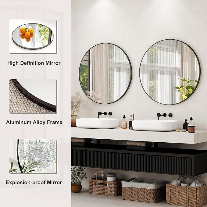 32 Inch Round Bathroom Mirror - Black Wall Mounted Circle Mirror with Metal Frame, Modern Round Hanging Mirror Suitable for Bathroom, Vanity, Entryway, Living Room