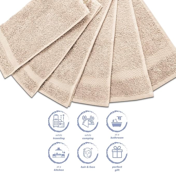 Hencely Premium 6-Pack Washcloths 12x12 Inches Soft Turkish Cotton High Absorbent and Quick Dry Dishtowel for Kitchen and Bath (Wash Cloth 6 Pack, Beige)