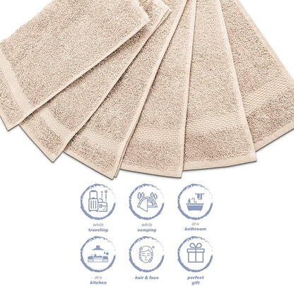 Hencely Premium 6-Pack Washcloths 12x12 Inches Soft Turkish Cotton High Absorbent and Quick Dry Dishtowel for Kitchen and Bath (Wash Cloth 6 Pack, Beige)