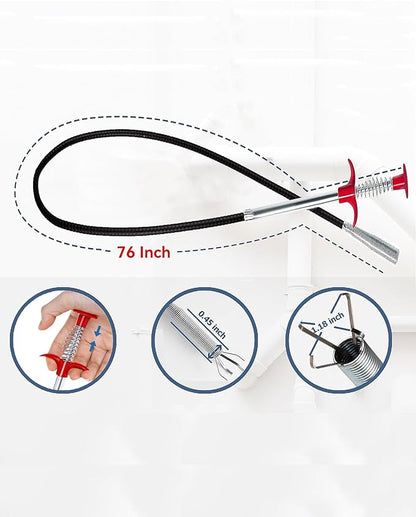 Drain Snake for Hair Clogs, 76 Inch Plumbing Auger Tool with Hook, Sink Snake Drain Clog Remover for Tub Pipes