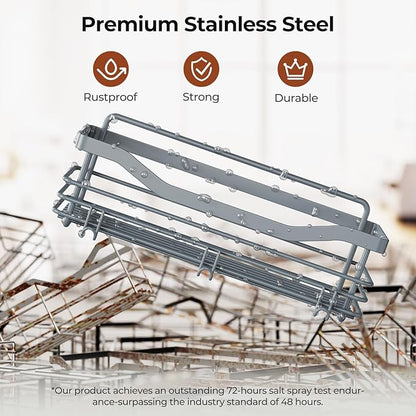 Orimade Shower Caddy Basket Shelf Storage Rack, No Drilling Wall Mounted Adhesive Rust Proof Stainless Steel Shower Organizer with 5 Hooks for Bathroom, Light Blue Grey 2 Pack