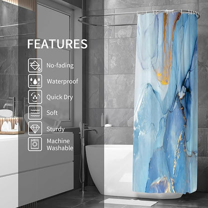 Gibelle Abstract Marble Shower Curtain, Blue Ombre Jade Texture Gold Stripes Ombre Watercolor Paint, Modern Ink Art Decor Waterproof Fabric Curtain for Bathroom Set, 71x71