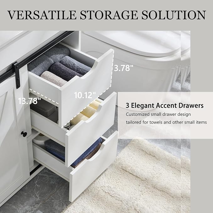 30" Farmhouse Bathroom Vanity with Sink, Freestanding Bathroom Storage Vanity Cabinet w/Sliding Barn Door, 3 Drawers & Adjustable Shelves, Metal Handle, White