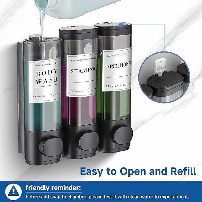 Shower Soap Dispenser Wall Mounted No Drill Shampoo Dispenser for Shower Wall Shampoo and Conditioner Dispenser Bathroom Hotel 3 * 300ml Black with Waterproof Labels
