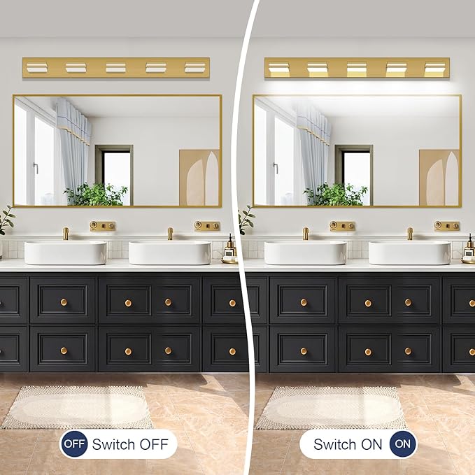 SineRise LED Modern Bathroom Vanity Light Fixtures (5-Light, 40-Inch), Brass Modern Acrylic Bathroom Wall Lighting Fixtures Over Mirror (Cool White 6000K)