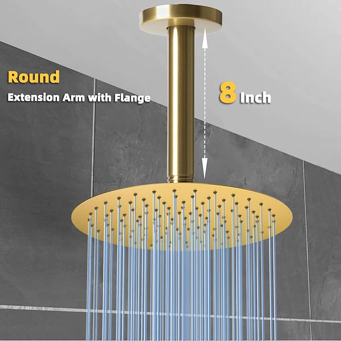 8 Inch Shower Arm with Flange, Ceiling Mounted Shower Head Extension Arm, 1/2 NPT Straight Arm for Rain Shower Head, Stainless Steel Shower Head Extension Replacement Pipe Arm, Gold