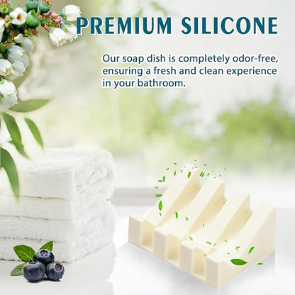 Silicone Soap Dish with Drain, Upgrade Double Suction Cups at The Bottom for Anti-Slip and Stability, Soap Dish Shower Waterfall Bar Soap Holder Tray with Drain Soap Holder (1, CreamWhite)