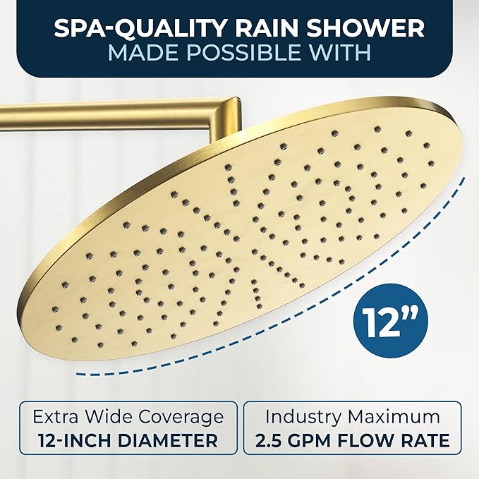 HammerHead Showers® Solid Metal 12 Inch Rainfall Shower Head, Large Rain Shower Head, 2.5 GPM High Flow Shower Head Optimized for Pressure, Wall-Mounted or Ceiling Rain Shower Head, Brushed Gold