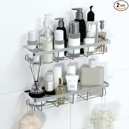 Shower Caddy Organizer with Hooks,Self Adhesive Bathroom Shelves,No Drilling Bathroom Organizers and Storage,Perfect for RV, Apartment, Home Decor,2 Pack Silvery