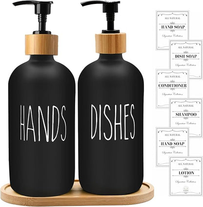 16 OZ Thick Black Glass Soap Dispenser, Bamboo Pump with Tray 2 Pack, Hand and Dish Soap Dispenser Set for Bathroom with 6 Waterproof Labels