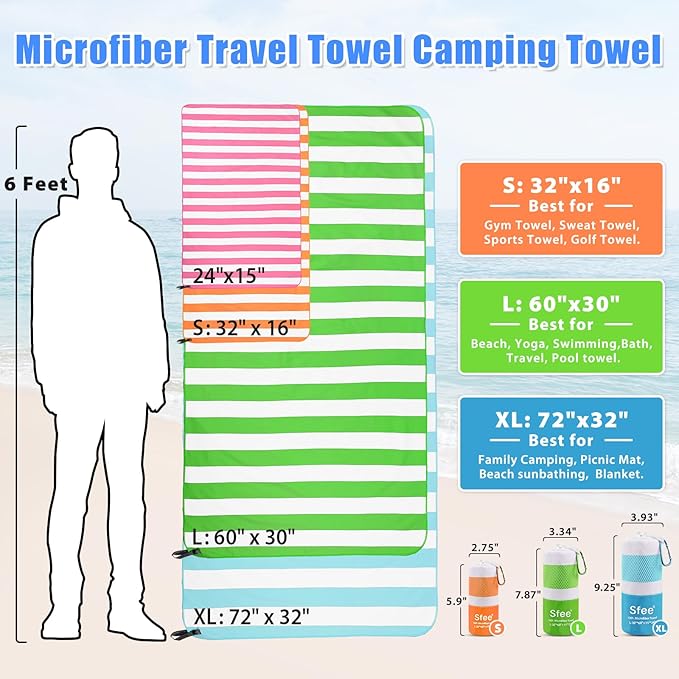Sfee 2 in 1 Microfiber Beach Towel, Quick Dry Towel Camping Towel Travel Towel Super Absorbent Compact Lightweight Sports Gym Towels Set for Beach, Gym, Hiking, Pool, Backpacking, Bath, Yoga