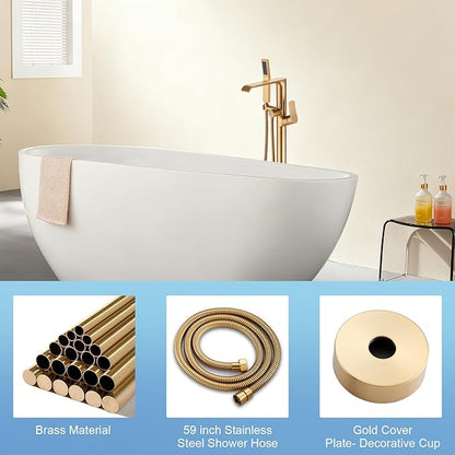 Floor Mount Tub Faucet Gold: Freestanding Bathtub Faucet with Handheld Spray Head - Gold Tub Filler Shower Faucet Set 360 Degree Swivel Waterfall Spout - Beelee