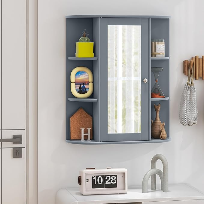 COSTWAY Wall Mounted Bathroom Cabinet - Storage Organizer with Mirror Door, Adjustable Shelves & 6 Open Racks, Space-Saving Hanging Medicine Cabinet for Living Room Kitchen Entryway (Gray)