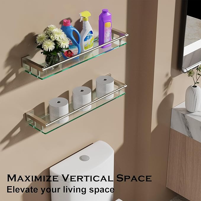 Glass Shelf for Bathroom Wall Sheves 24 inch Rectangular Stainless Steel Tempered Glass Modern Stainless Steel Wall Mount Accessories Organizers Storage (Brushed Nickel, 24‘’)