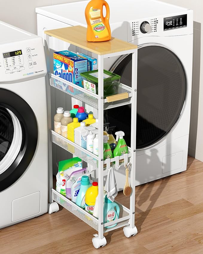 TIPGO Utility Slim Storage Cart, 4 Tier Rolling Cart with Wheels, Narrow Storage Cabinet for Bathroom, Laundry Shelves for Room Organization, Small Organizer for Kitchen, Office and Dorm (White)