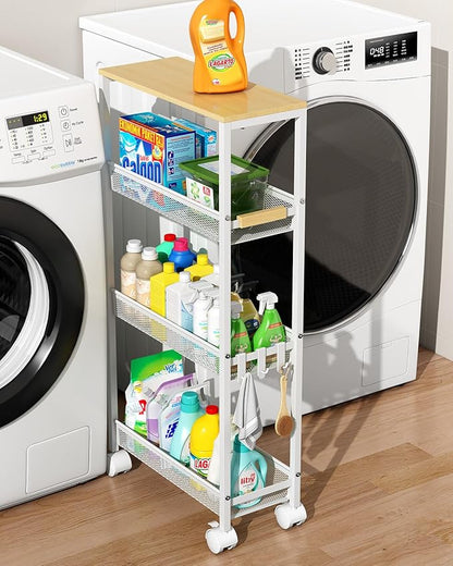 TIPGO Utility Slim Storage Cart, 4 Tier Rolling Cart with Wheels, Narrow Storage Cabinet for Bathroom, Laundry Shelves for Room Organization, Small Organizer for Kitchen, Office and Dorm (White)