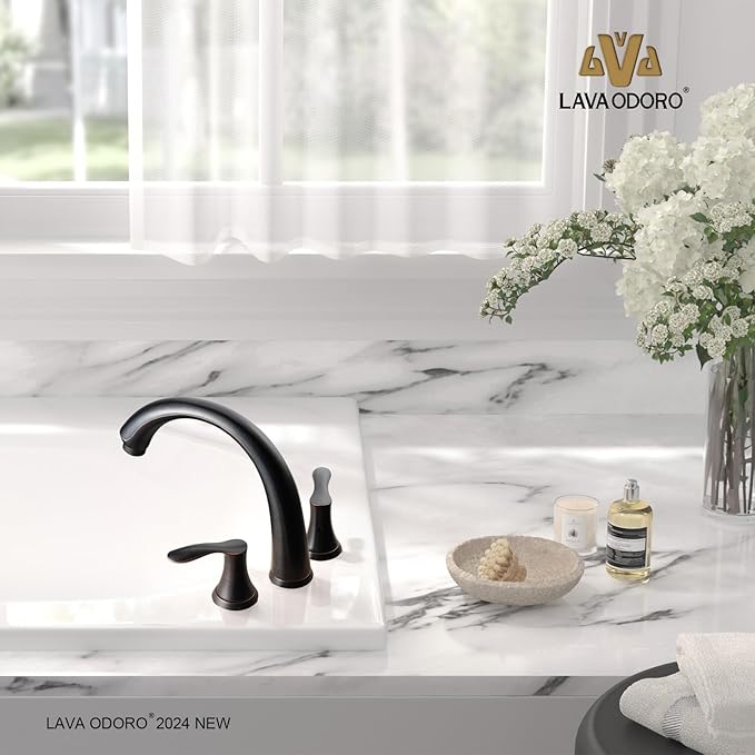 Oil Rubbed Bronze Roman Tub Faucet, Lava Odoro 8 inch Widespread Bathtub Faucet with Valve, High Flow 2 Handle Deck Mount Tub Faucet, Solid Brass 3 Hole Bath Tub Filler TF405-ORB
