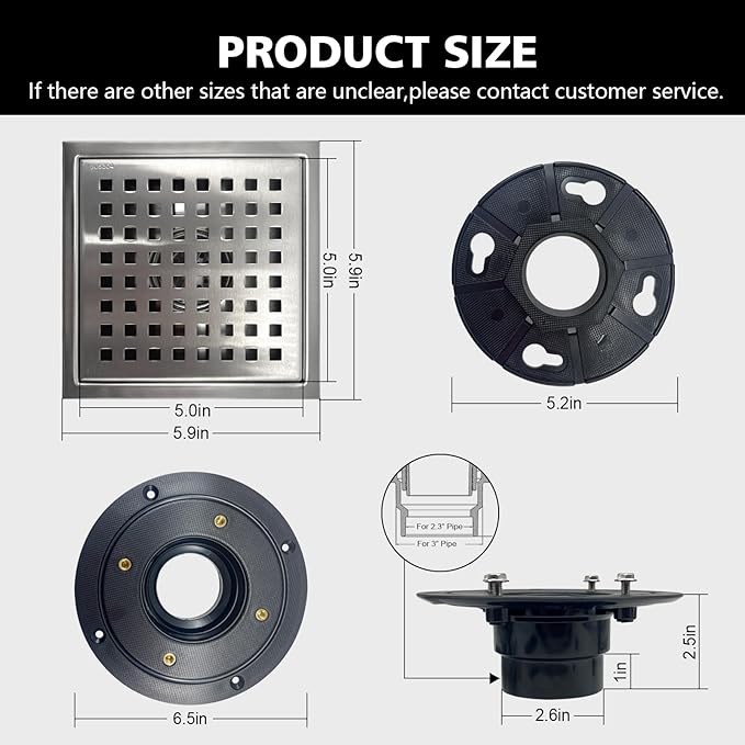 6 Inch Square Shower Drain with Flange, Removeable Grate SUS 304 Stainless Steel Shower Drain with Hair Catcher (Brushed Nickel, 6 Inch)
