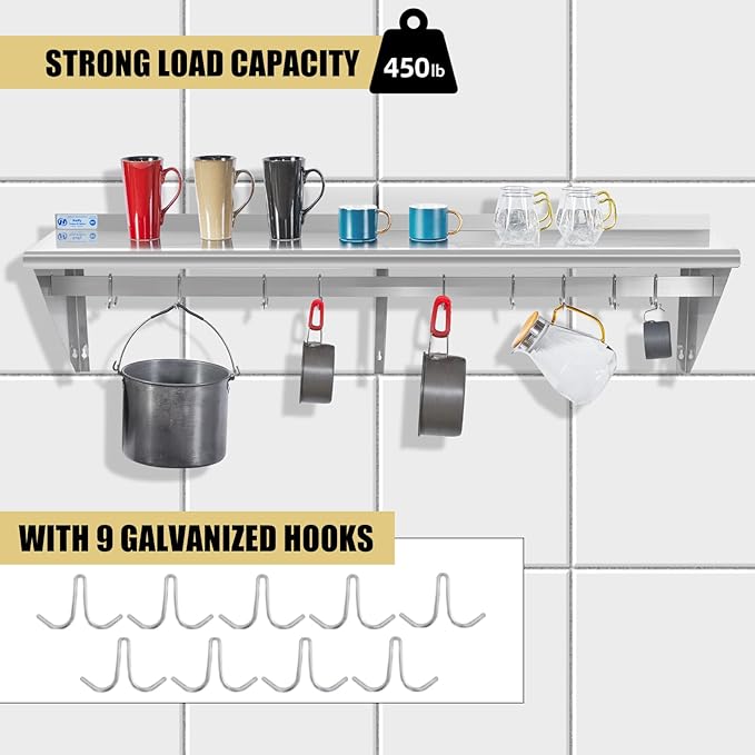 Hally Stainless Steel Shelf with 9 Hooks 18" x 60" Wall Mounted Pot Rack 450lb, NSF Commercial Floating Shelving for Storage Hanging Pots, Pans, cookware in Restaurant, Kitchen, Home and Hotel