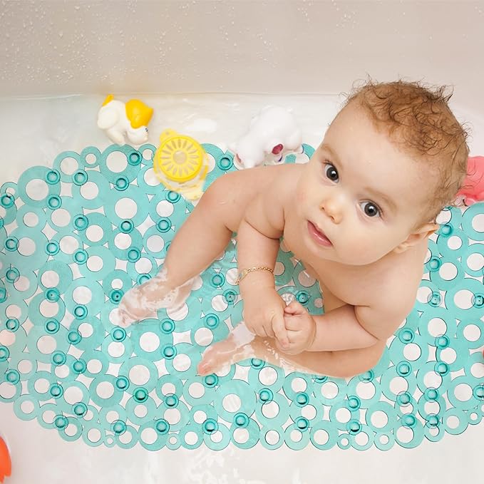 WELTRXE Oval Bathtub Mat Non Slip, Clear Teal Bubbles Bath Mats for Tub, Shower Mat with Drain Holes, Suction Cups, Machine Washable Bath Tub Mat, BPA, Latex, Phthalate Free for Bathroom, 27 x 14 Inch