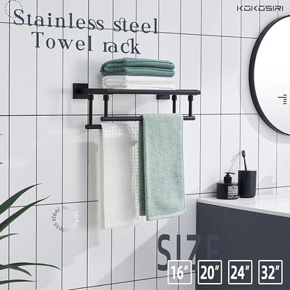 KOKOSIRI Bath Towel Rack with Double Towel Bars 16-Inch Bathroom Towel Shelves Towel Holder Wall Mounted Stainless Steel, Matte Black, B6005BK-L16