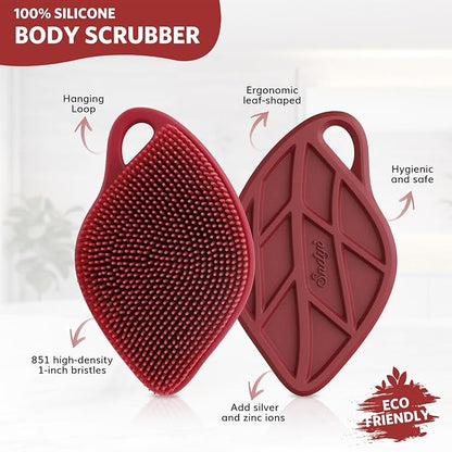 Sndyi Christmas Silicone Body Scrubber, Limited Edition Leaf-Shaped Shower Brush for Gentle Cleanse & Exfoliation, Soft Silicone Loofah Body Brush for Sensitive Skin, Perfect Holiday Gift, Festive Red