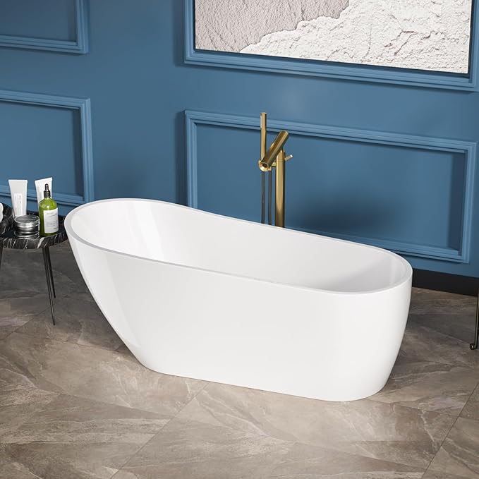 Sarlai 67 Inch Acrylic Freestanding Soaking Bathtub Contemporary Soaking White Tub Stand Alone Ergonomic Bathtub with Chrome Drain and Overflow