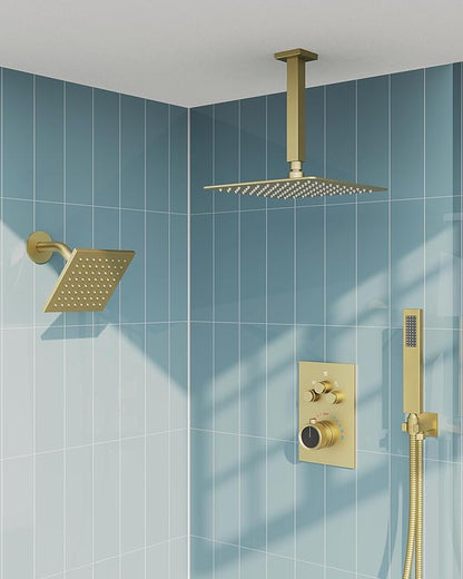 Thermostatic Shower System, Dual Rainfall Shower Heads for Ceilling & Wall Mounted with Handheld Sprayer, Brushed Gold