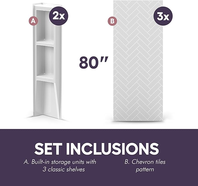 White Acrylic Shower Wall Surround 36"x 60"x 80" - Waterproof Easy-to-Install Two Shelf Units Kit Included - Shower Wall Surround Panels - Chevron Tiles Pattern, Classic Shelves
