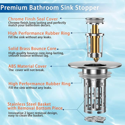 Bathroom Sink Drain Strainer, Pop Up Sink Drain Filter with Removable Stainless Steel Filter Basket Hair Catcher, Sink Drain Strainer, for Us Bathroom Sink Stopper Replacement