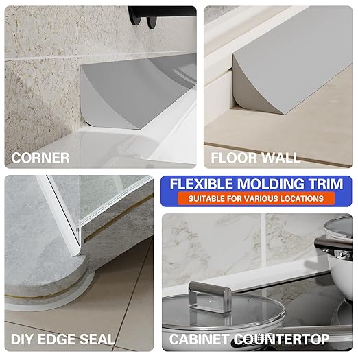 Flexible Molding Trim, Flexible Bendable Adhesive Caulking Strip, Molded Trim, Peel and Stick Home Decorative Edge for Bathroom, Kitchen, Floor, Wall (Grey, 0.83in x 0.24in x 20ft)