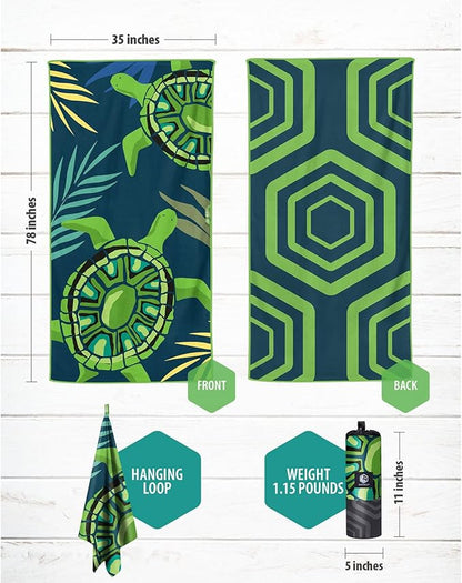 VENTURE 4TH Microfiber Beach Towel: Quick-Dry, Compact, Sand-Free, Absorbent, Sandproof and Lightweight - Perfect for Camping, Beach, and Roadtrips (Navy Turtle Design | 35x78 inches)