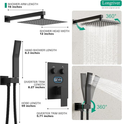 Push Button Diverter Shower Faucet Set, Hydro Power Temperature Display, Shower System 12 Inch Shower Head with Handheld Spray, Wall Mounted Shower Fixtures with Shower Valve and Trim Kit, Matte Black