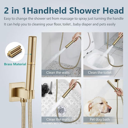 Aolemi Shower Faucet Set, High Pressure Shower System with 2-in-1 Handheld Sprayer, Wall Mount Fixture Combo with Rough-in Valve, 8 Inch Shower Head, Brushed Gold