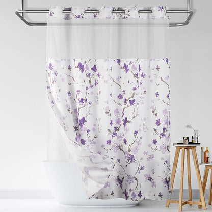 Lagute SnapHook Hook Free Shower Curtain with Snap-in Liner & See Through Top Window | Hotel Grade, Machine Washable | 71Wx74L, Purple Blossom