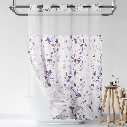 Lagute SnapHook Hook Free Shower Curtain with Snap-in Liner & See Through Top Window | Hotel Grade, Machine Washable | 71Wx74L, Purple Blossom