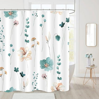 Gibelle Long Shower Curtain 72 x 78, Watercolor Floral Fabric Shower Curtain, Teal Beige Flower Decorative Bathroom Shower Curtain Set