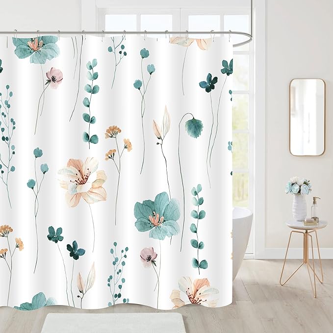 Gibelle Small Stall Shower Curtain 36 x 72, Narrow Half Watercolor Floral Fabric Shower Curtain, Teal Beige Flower Decorative Bathroom Shower Curtain Set