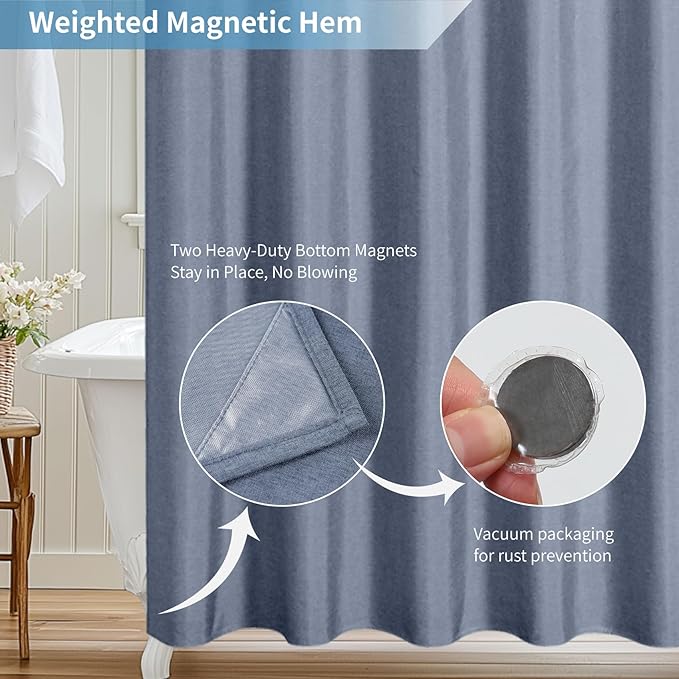 2-in-1 Waterproof Fabric Shower Curtain or Liner,Linen Textured,Breathable TPU & Washable Bathroom Shower Curtain Set with 12 Plastic Hooks,Modern,72"x72" Blue Gray