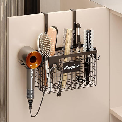 Hair Dryer Holder Cabinet Door 3-in-1 Adhesive Hair Tool Organizer Wall Mounted Adjustable Height Blow Dryer Holder Under Sink Bathroom Hair Appliance Organizer and Storage Countertop(Black)