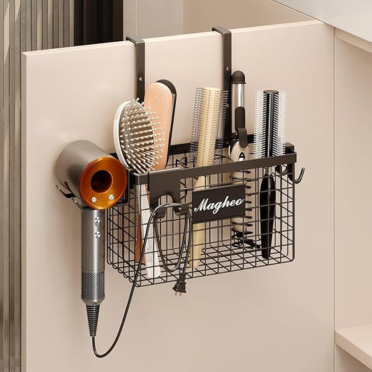 Hair Dryer Holder Cabinet Door 3-in-1 Adhesive Hair Tool Organizer Wall Mounted Adjustable Height Blow Dryer Holder Under Sink Bathroom Hair Appliance Organizer and Storage Countertop(Black)