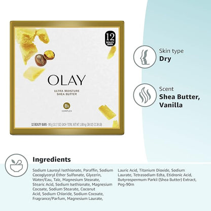 Olay Beauty Bar, Ultra Moisture,10x More Moisturizers, Nourishing Conditioners, Smooth & Gentle on Skin, Vitamin B3 Complex, For All Skin Types, Shea Butter Scent, 3.17 oz, (Pack of 48)