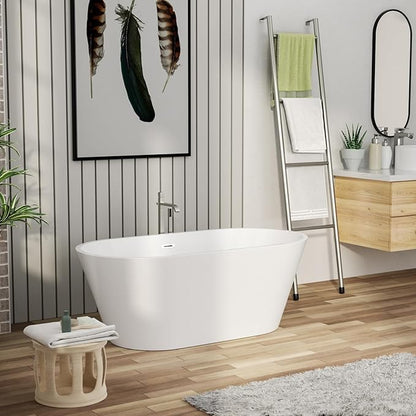 Mocoloo 59 Inch Freestanding Bathtub - Acrylic Soaking White Tub for Bathroom Stand Alone Ergonomic Modern Bathtub with Overflow and Stianless Offset Drain