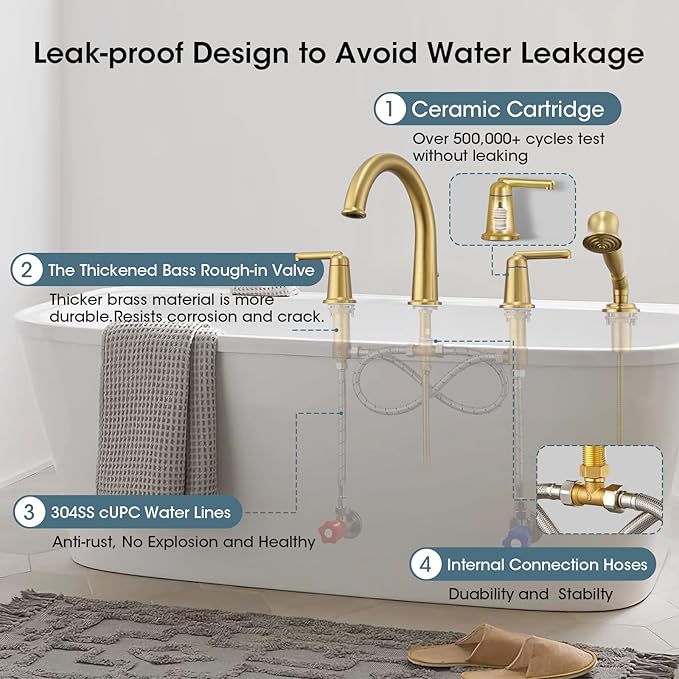 Roman Tub Faucet Set with Hand Shower, KRUZOO Bathtub Faucet Set Trim Kit with Rough-in Valve, Deck Mount Widespread 4 Hole Brass Tub Filler, KZ-9608BG, Brushed Gold