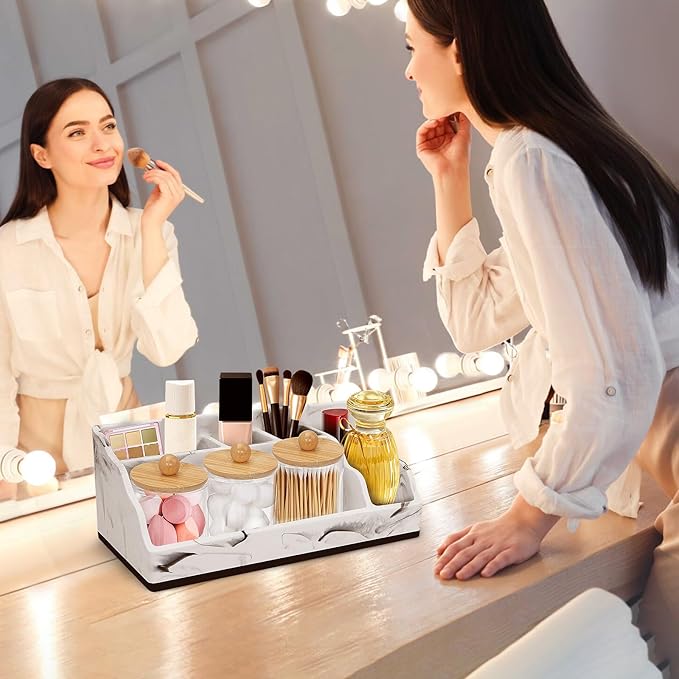 Marble Toothbrush Holder for Bathroom Organizer Countertop, Toothbrush Organizer with 3PCS Qtip Holder Dispenser, Toothbrush and Toothpaste Holder for Bathroom Counter Organization Storage Vanity